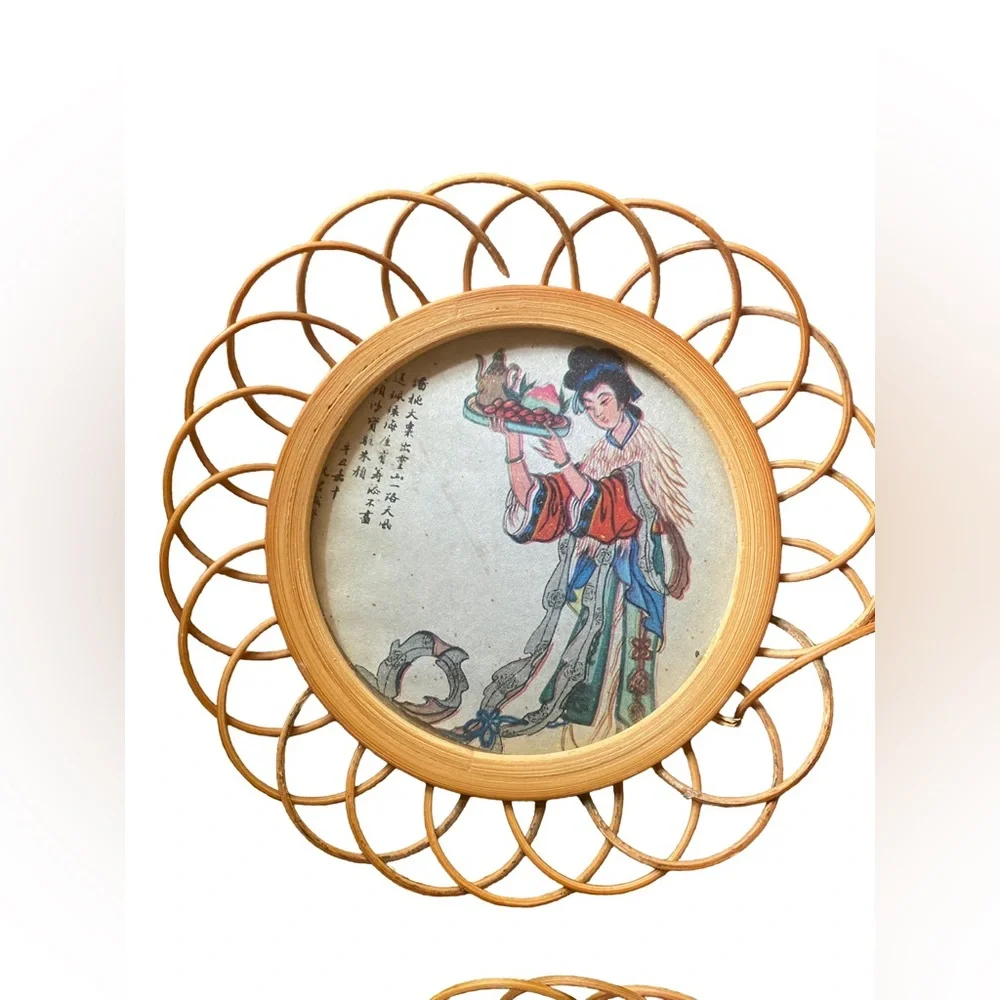 Vintage Japanese Bamboo Coaster Set | Set of S5 Wicker Bamboo Geisha Girl